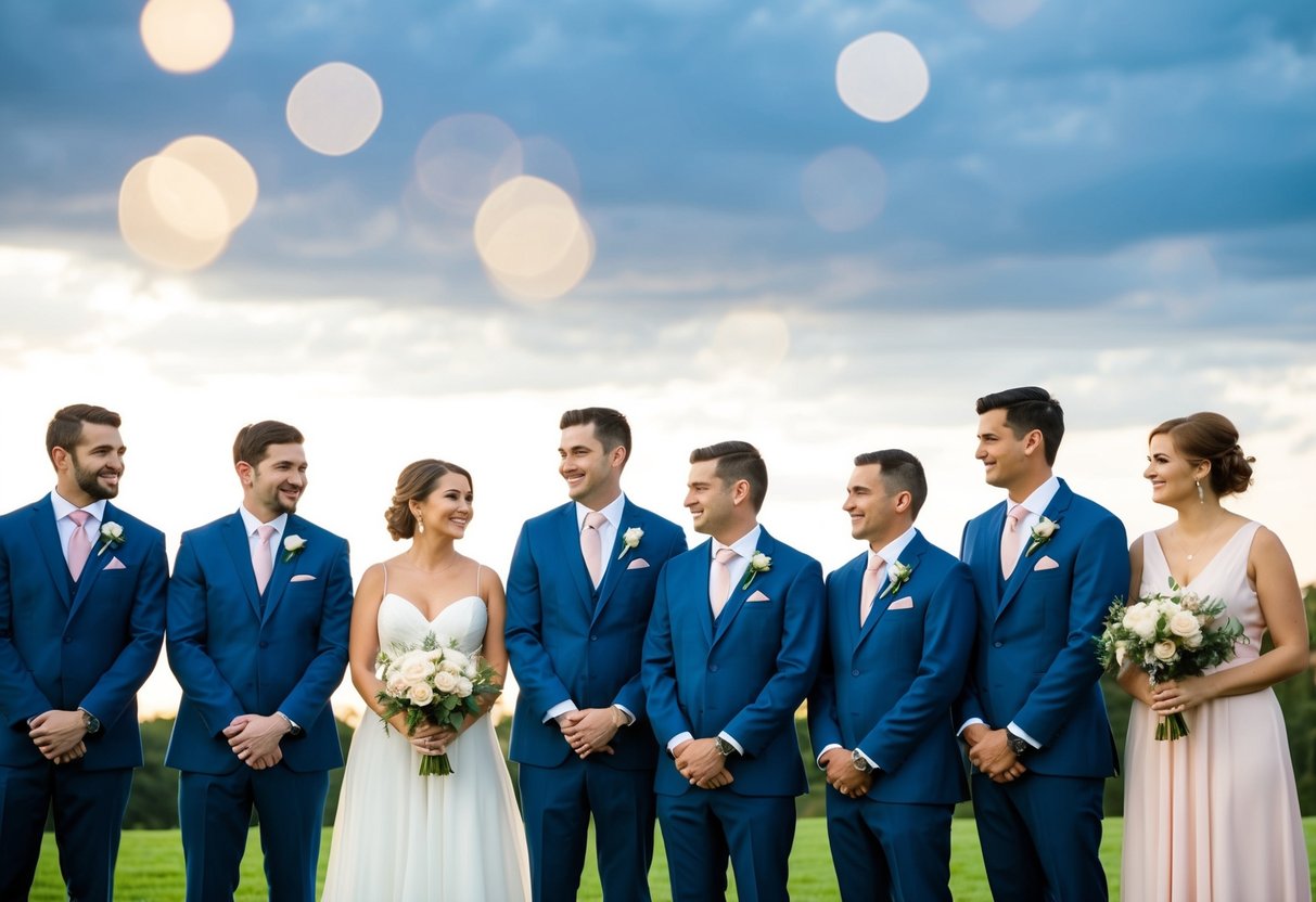 Groomsmen and bridesmaids in matching colored attire stand together in a wedding party lineup