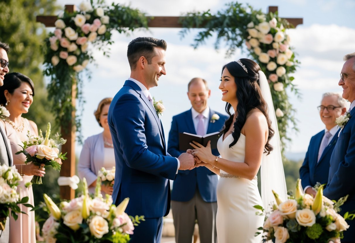 A couple exchanging vows in a beautiful outdoor setting, surrounded by family and friends, with flowers, decorations, and a celebratory atmosphere