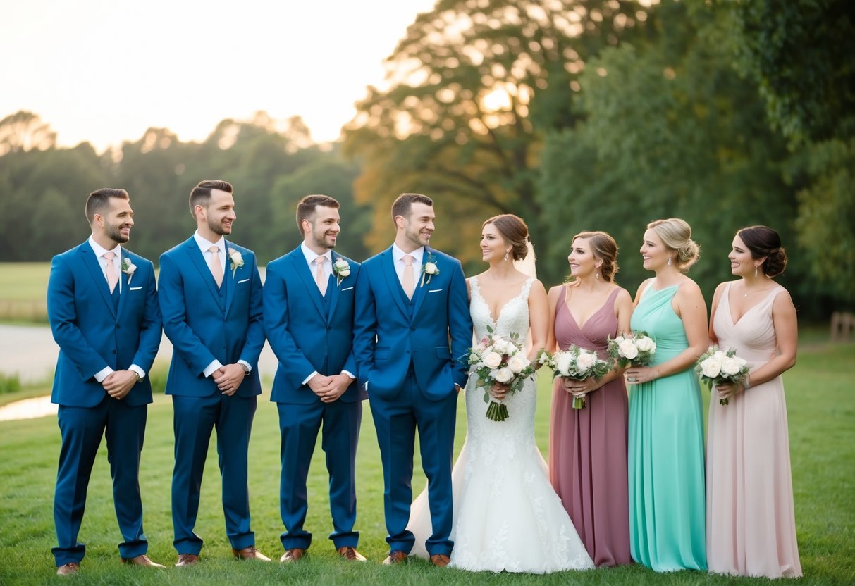 Groomsmen and bridesmaids compare attire, coordinating colors