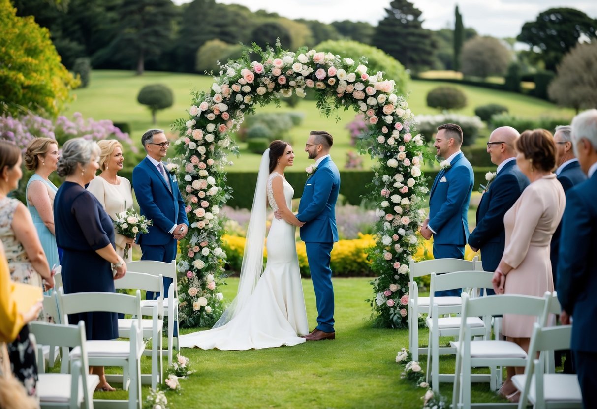 A couple stands beneath a floral arch in a picturesque garden, surrounded by friends and family. A celebrant leads a non-legally binding wedding ceremony