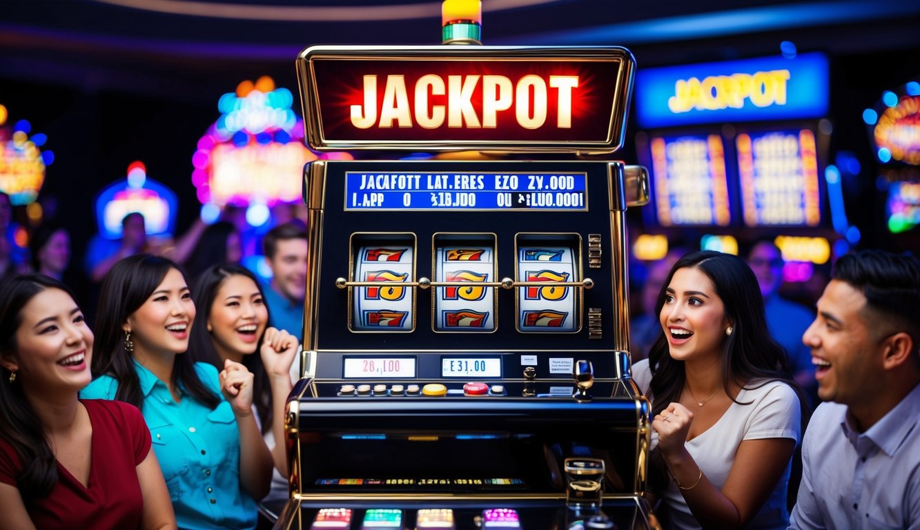 Mesin slot berwarna-warni dengan lampu berkedip dan gulungan berputar, dikelilingi oleh pemain yang bersemangat dan tampilan jackpot besar