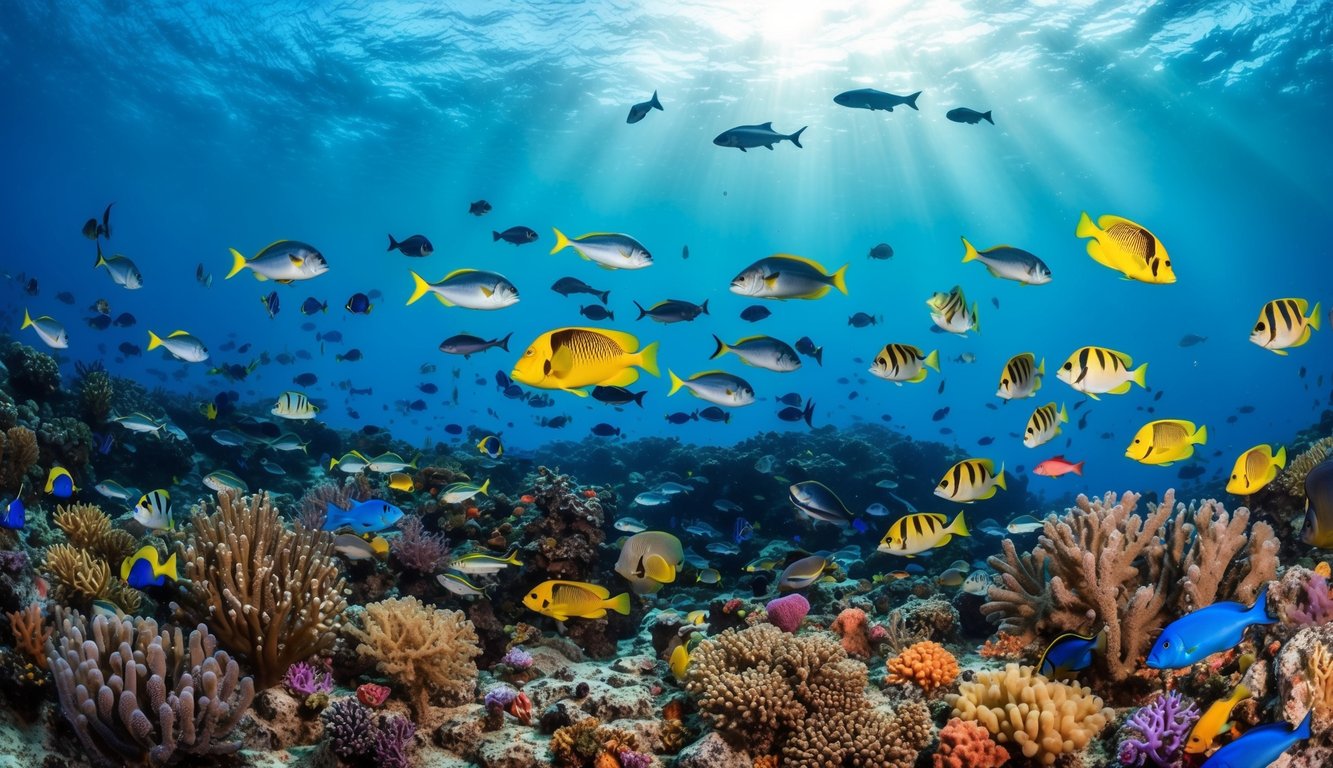 Sebuah dunia bawah laut yang penuh warna dipenuhi dengan ikan dan makhluk laut, dengan latar belakang terumbu karang yang cerah dan sinar matahari yang menyaring melalui air