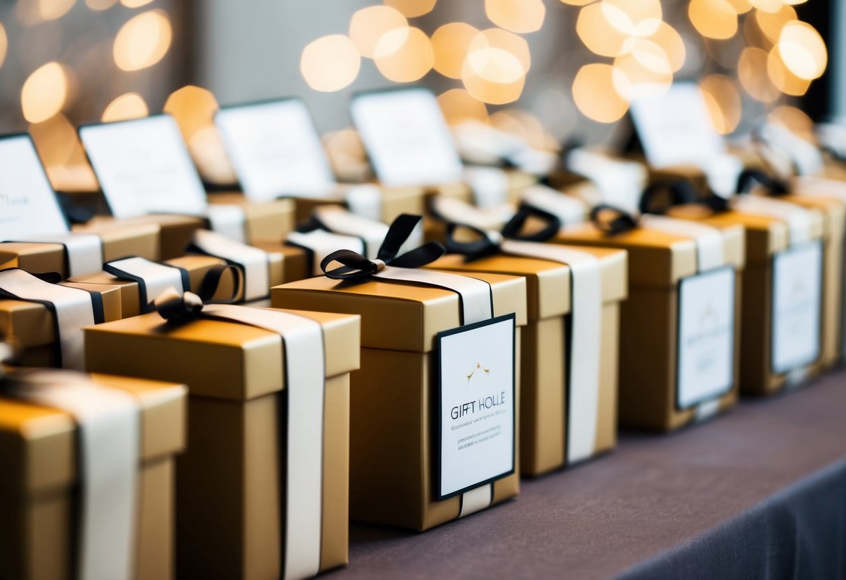 A row of elegant gift boxes arranged on a table, each with a personalized label