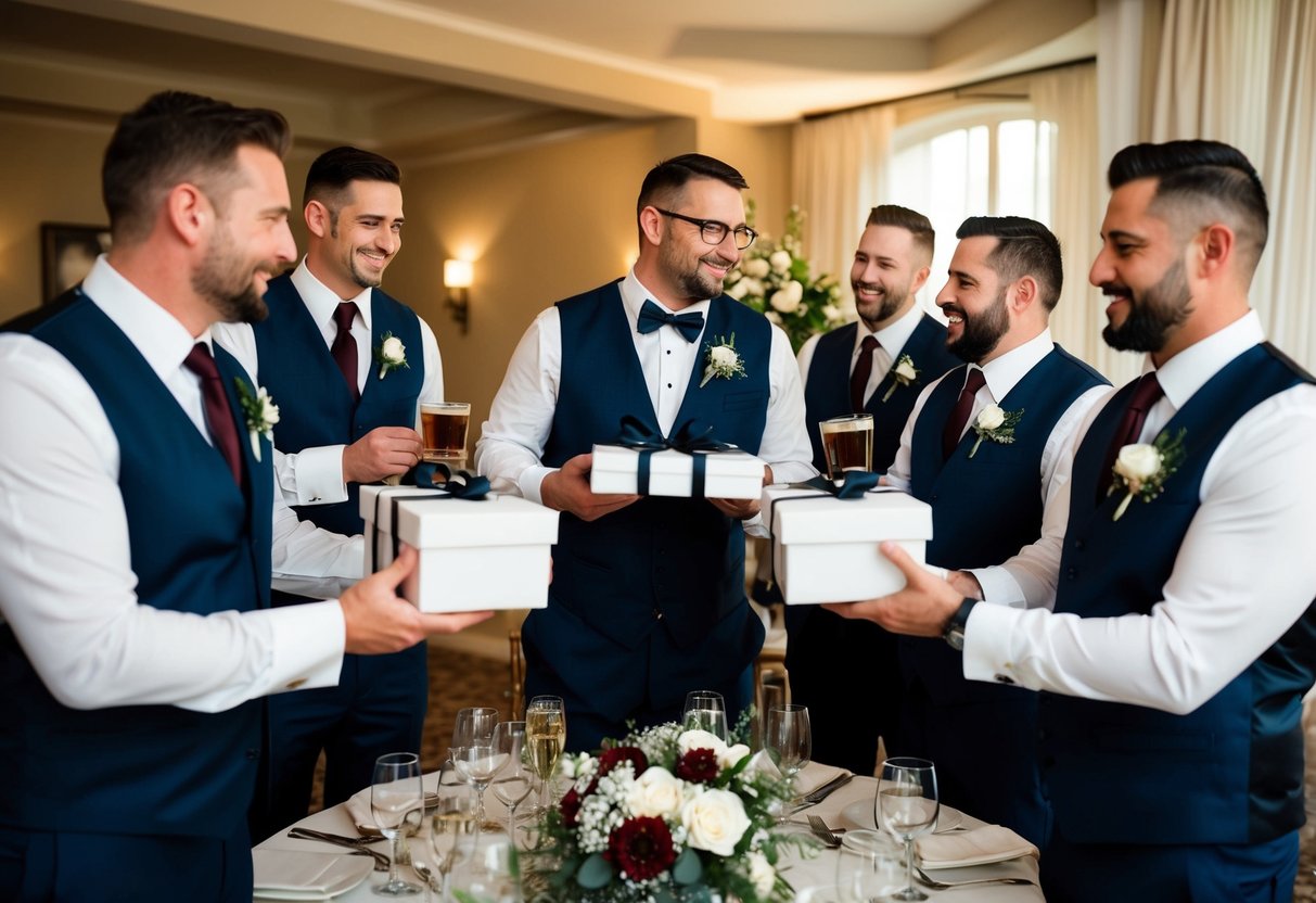 A groom presents personalized gifts to his groomsmen during the wedding rehearsal dinner