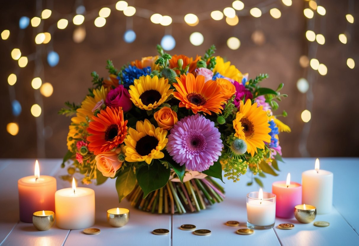 A group of colorful flowers arranged in a beautiful bouquet, surrounded by candles and small tokens of appreciation
