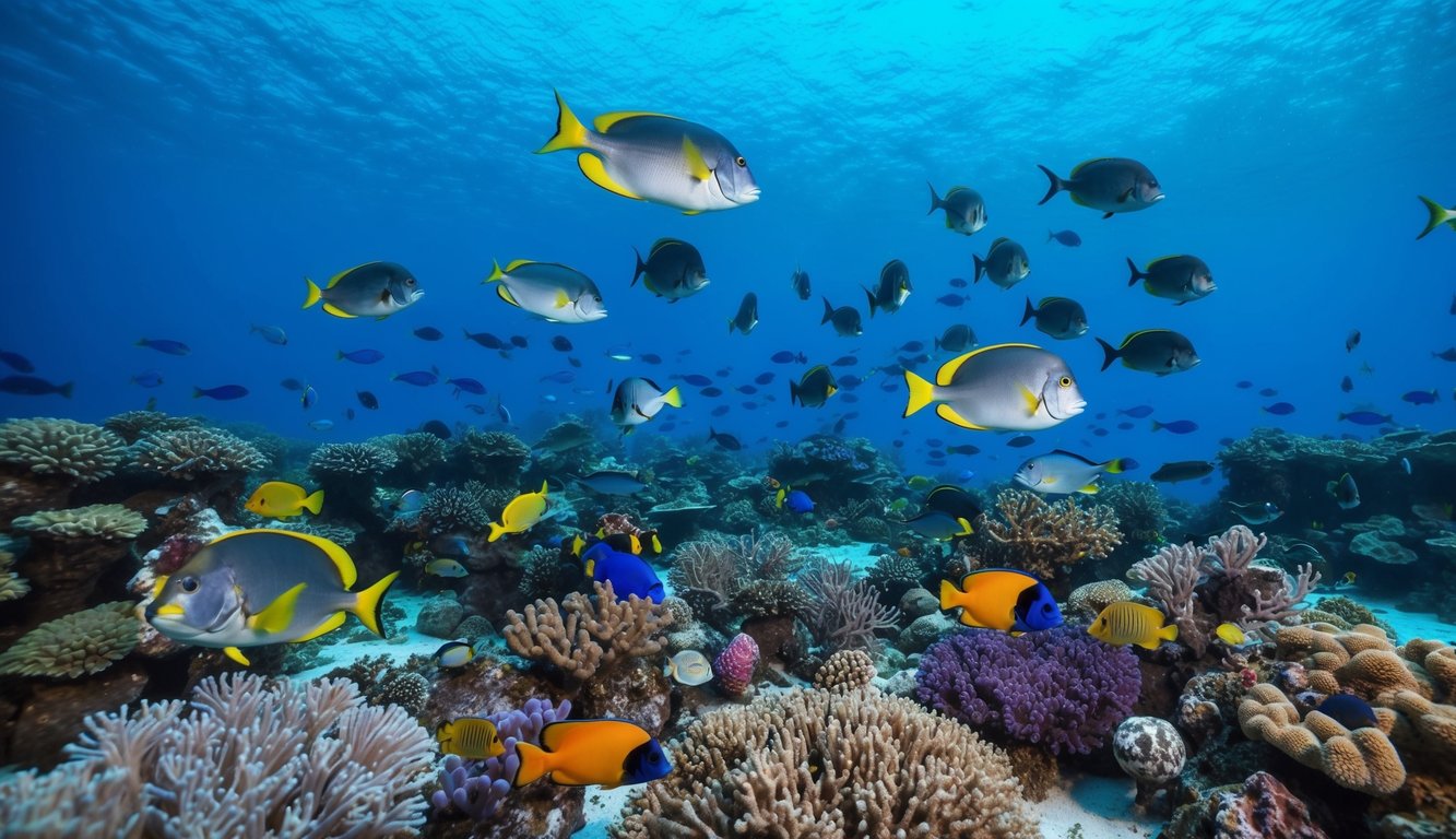 Sebuah dunia bawah laut yang tenang dengan terumbu karang berwarna-warni dan berbagai ikan yang berenang ke arah yang berbeda