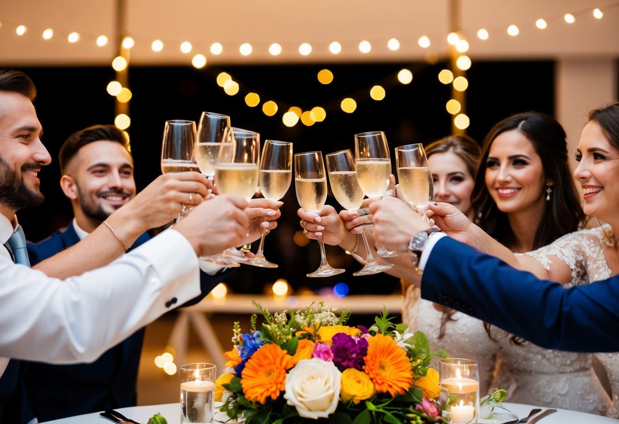 A group of friends raise their glasses in a toast, surrounded by colorful flowers and twinkling lights at the wedding reception