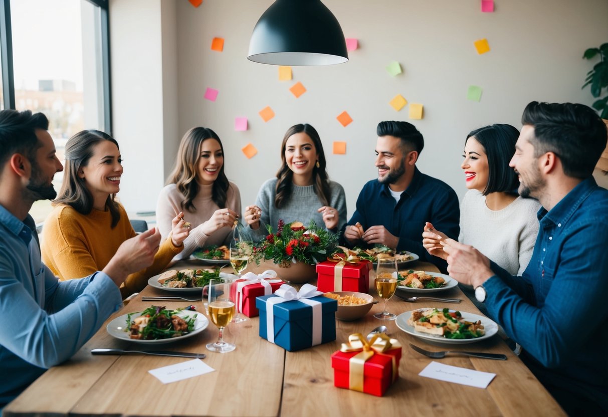 A group of friends sitting around a table, sharing a meal and engaging in lively conversation, with thoughtful gifts and personalized notes scattered across the table