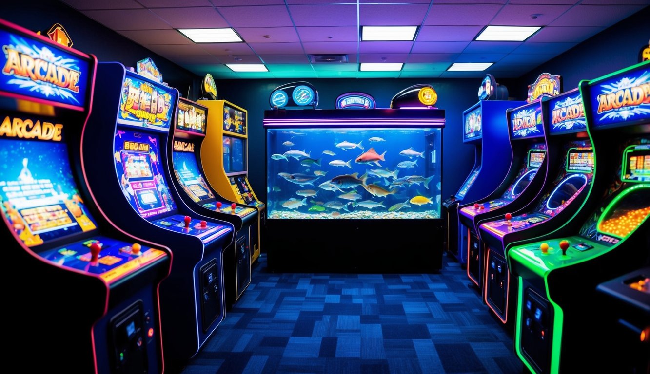 Sebuah arcade yang ramai dipenuhi dengan mesin arcade berwarna-warni yang berkedip-kedip dan sebuah tangki besar yang diisi dengan berbagai spesies ikan untuk ditembak oleh para pemain