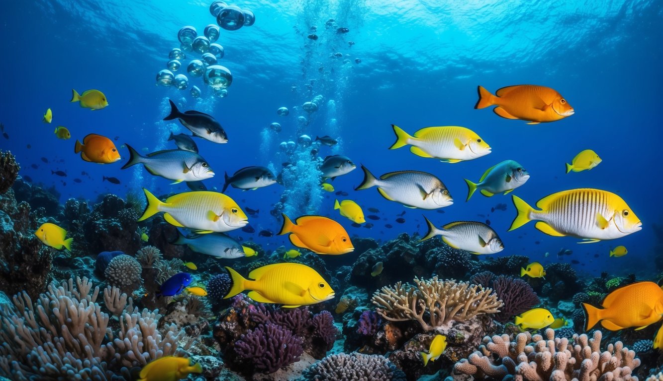 Sebuah pemandangan bawah laut yang berwarna-warni dengan berbagai jenis ikan yang berenang di sekitar terumbu karang, dengan gelembung yang naik ke permukaan