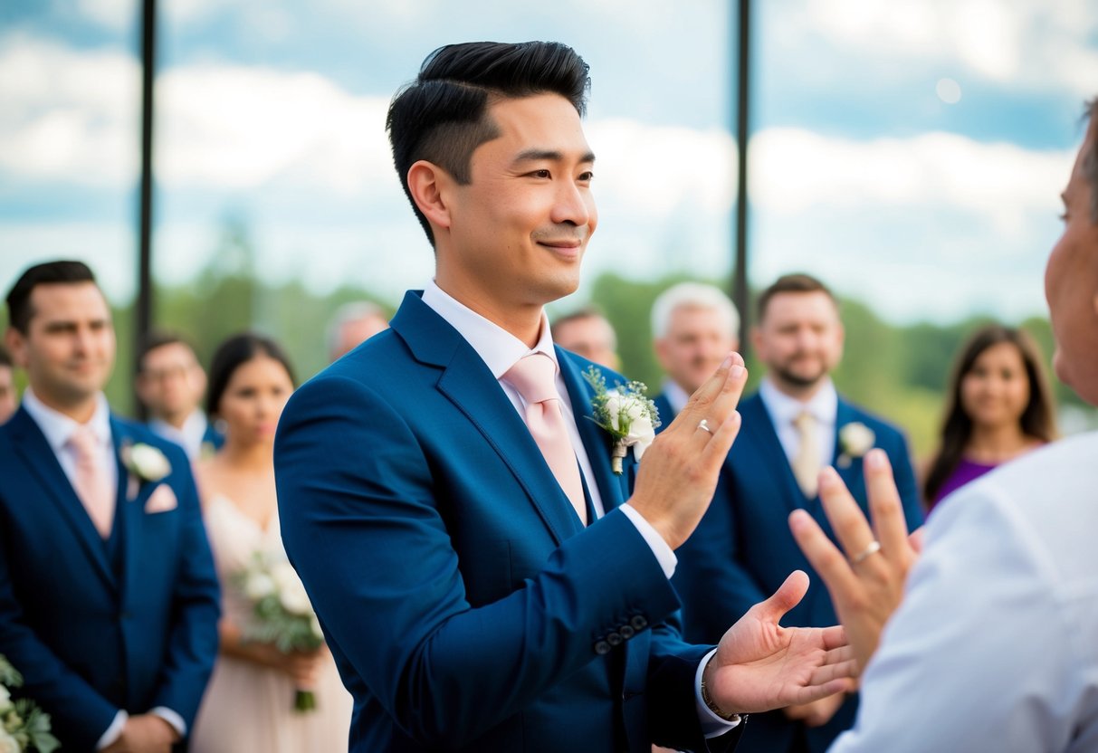 A man politely declining a groomsman offer with a respectful gesture