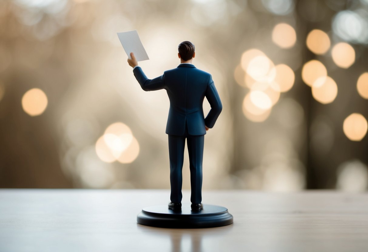 A figure standing with shoulders back, confidently declining a wedding invitation with a respectful gesture