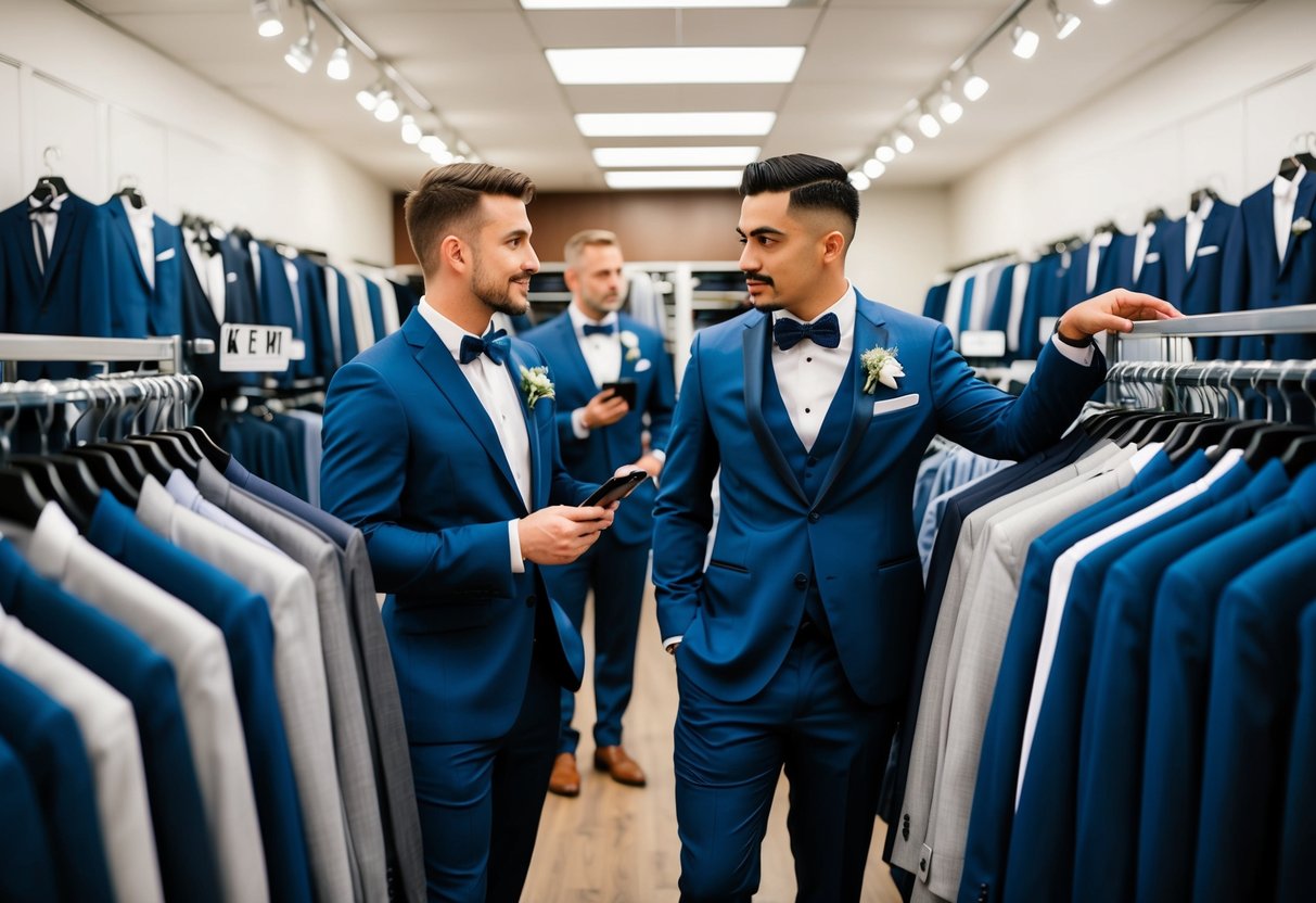 Groomsmen browsing through racks of suits and tuxedos in a men's clothing store, discussing and comparing prices and styles