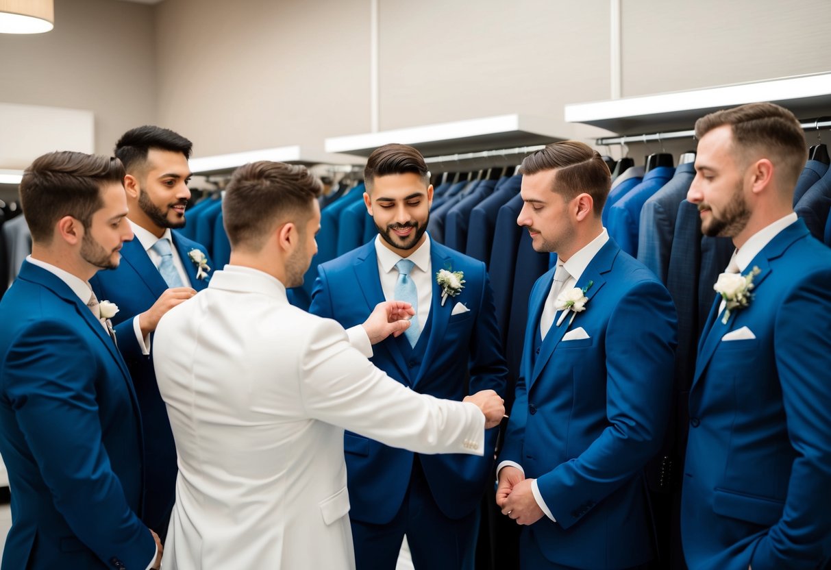 A group of groomsmen browsing through a selection of suits at a formal wear shop. A tailor is measuring one of the groomsmen for a suit fitting
