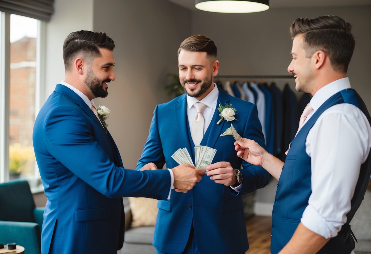 A groomsmen handing over money to a tailor while discussing suit options for a wedding