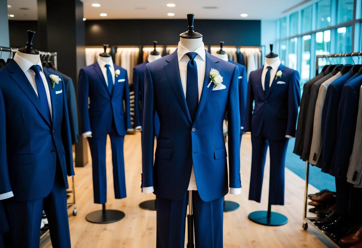 A group of suited mannequins in a trendy suit rental shop, surrounded by racks of modern and stylish groomsmen attire