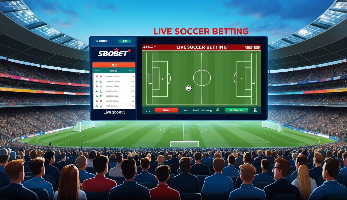 Sebuah stadion yang ramai dengan layar besar yang menampilkan taruhan sepak bola secara langsung di platform online Sbobet