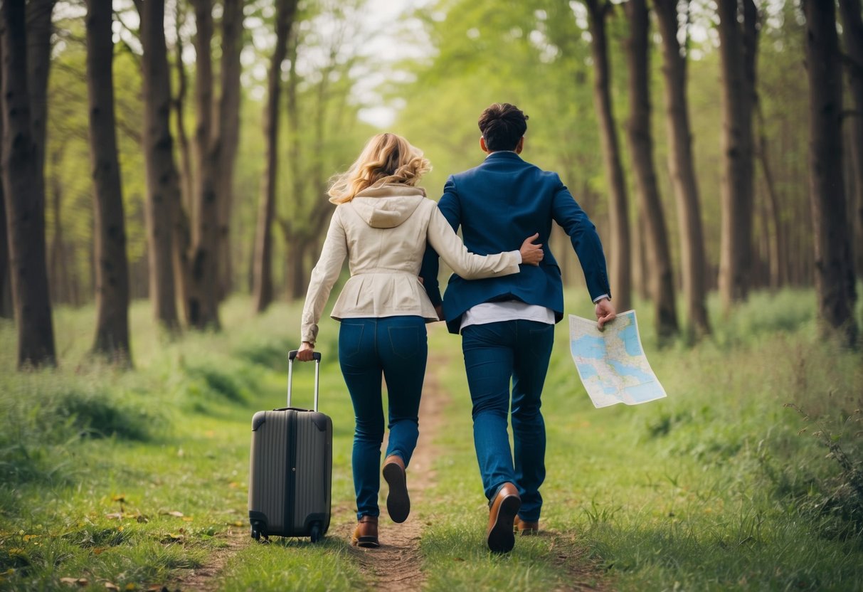 A couple running away together through a forest with a small suitcase and a map