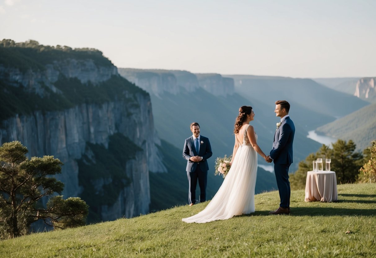 A couple holding hands on a cliff overlooking a serene valley, with a small, intimate ceremony set up nearby