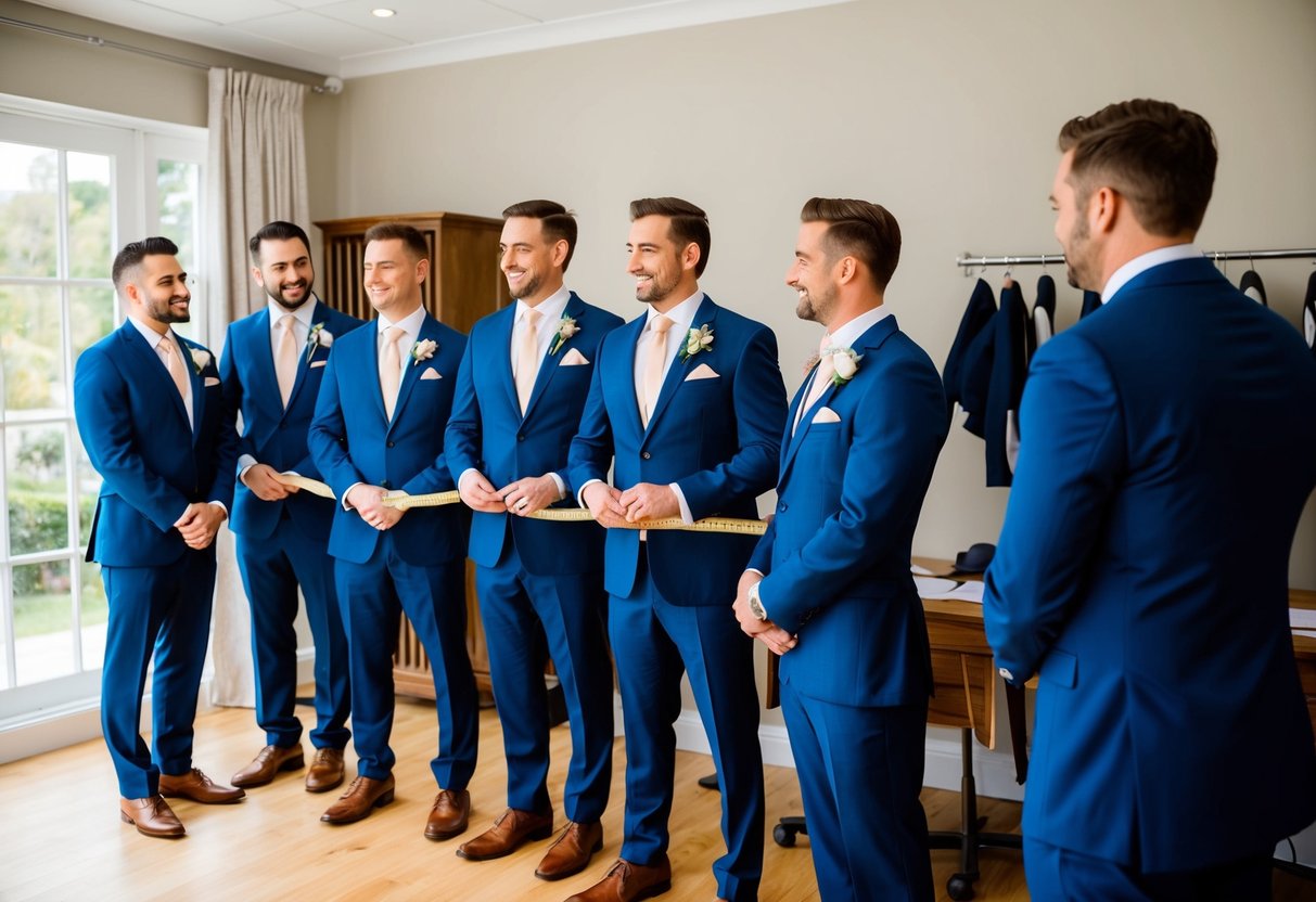 A group of groomsmen stand in a tailor shop, getting measured for suits. The tailor takes their measurements and discusses the timeline for fittings