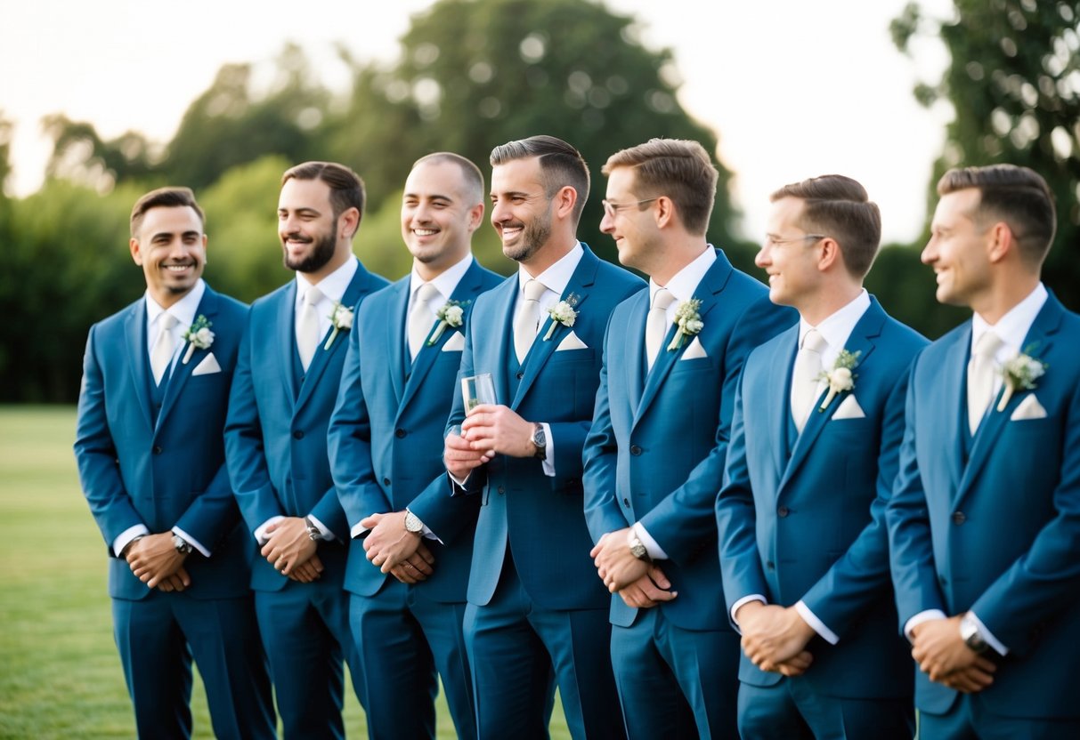A group of men in matching suits stand beside the groom, smiling and chatting. They hold boutonnieres and look ready for a celebration