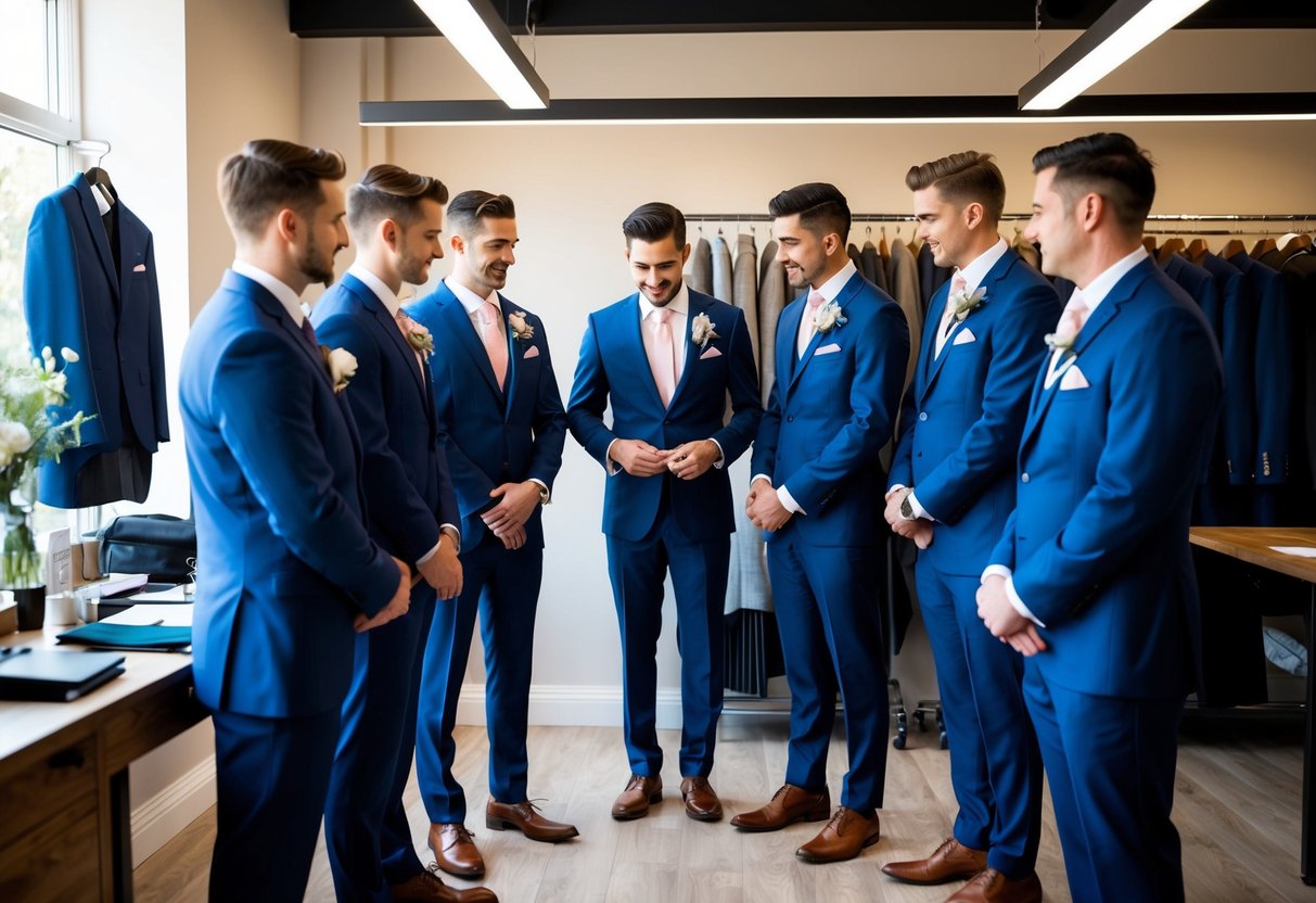 Groomsmen stand in a tailor's shop, being measured for suits. Tailor takes notes as they try on different styles