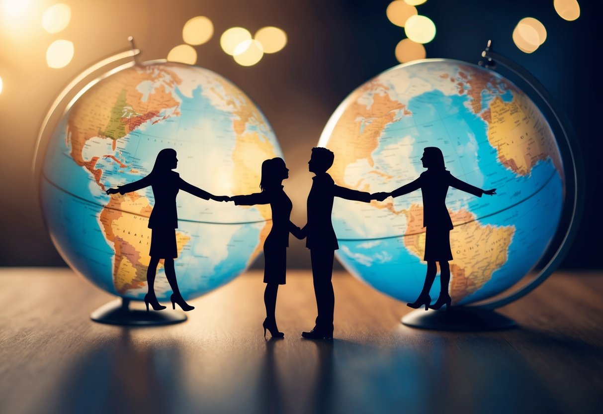 A couple's silhouettes on opposite sides of a globe, reaching out towards each other with a visible emotional gap between them