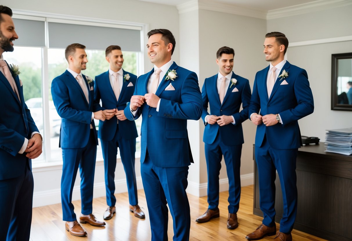 Groomsmen stand in a tailor shop, getting measured for suits. Tailor makes final adjustments as they prepare for pickup