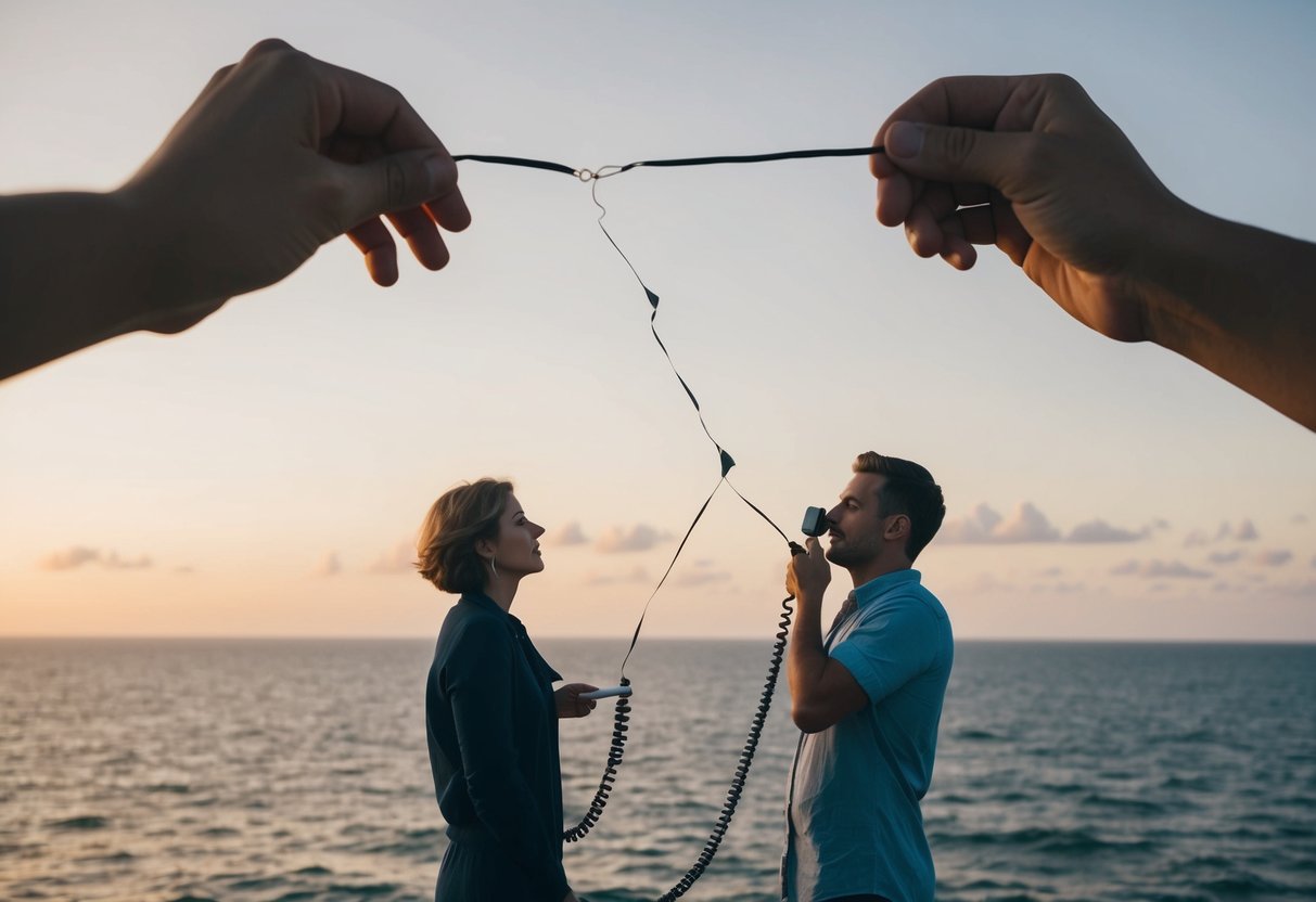 A couple separated by a vast ocean, struggling to connect through a broken telephone line