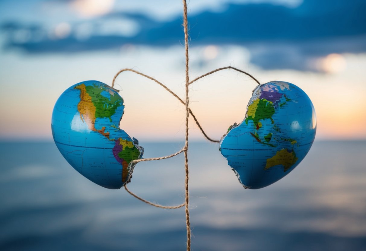 A broken heart-shaped globe split between two distant locations, connected by a frayed, unraveling string