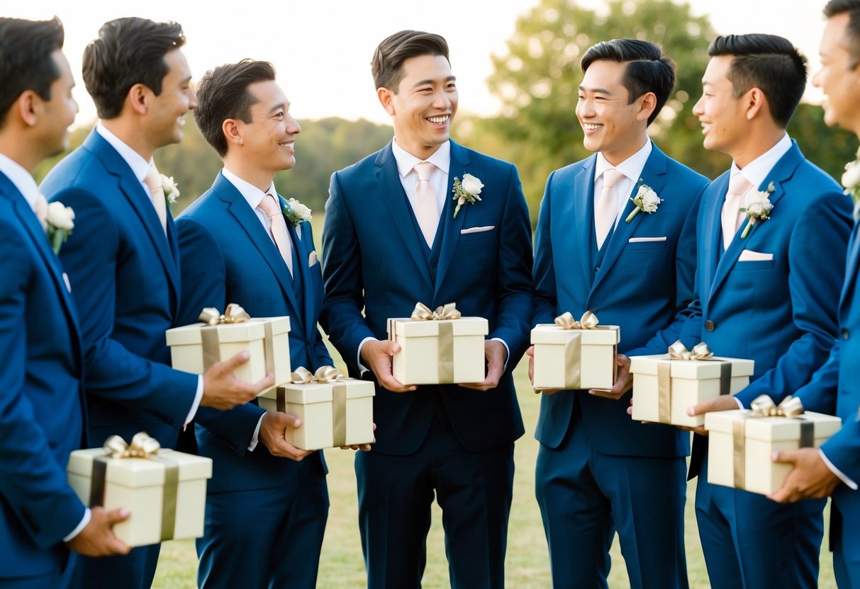 A group of groomsmen standing in a circle, each holding a personalized gift box. They are smiling and chatting with one another