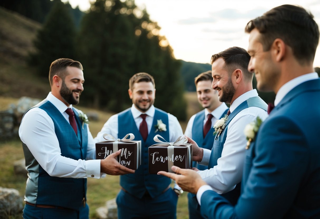 A group of groomsmen receiving personalized gifts in a rustic setting