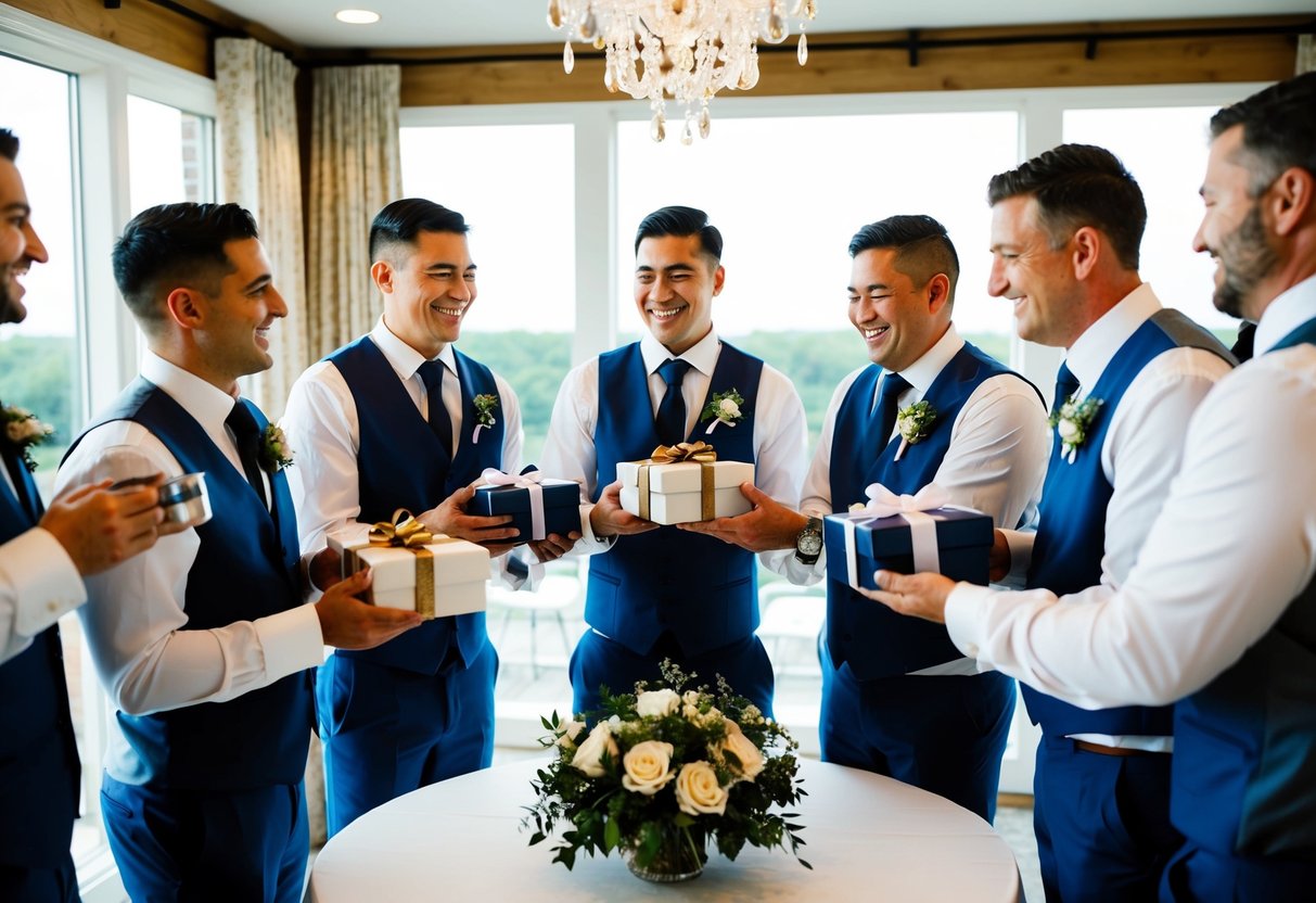 A group of groomsmen gather around a table, each presenting a thoughtful gift to the others. Laughter and camaraderie fill the air as they exchange tokens of appreciation