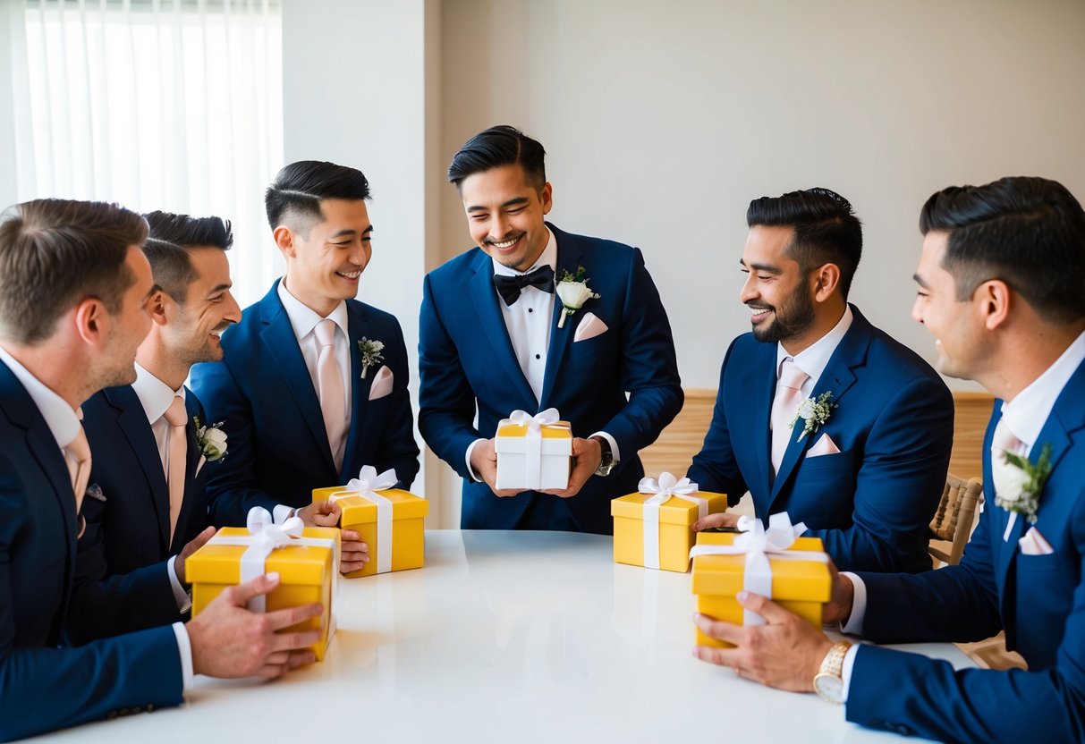 A group of men gather around a table, each holding a gift box and smiling as they ask their friends to be groomsmen