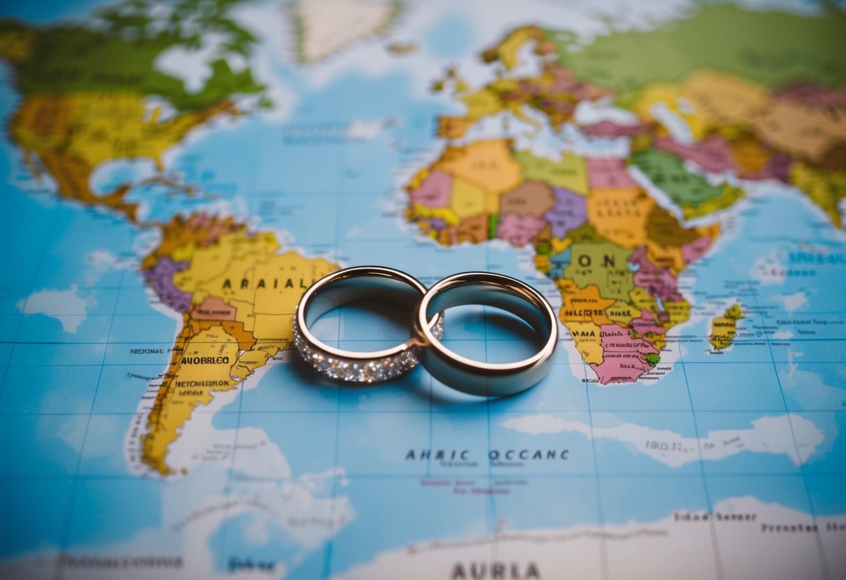 A couple's wedding rings lying on opposite ends of a world map