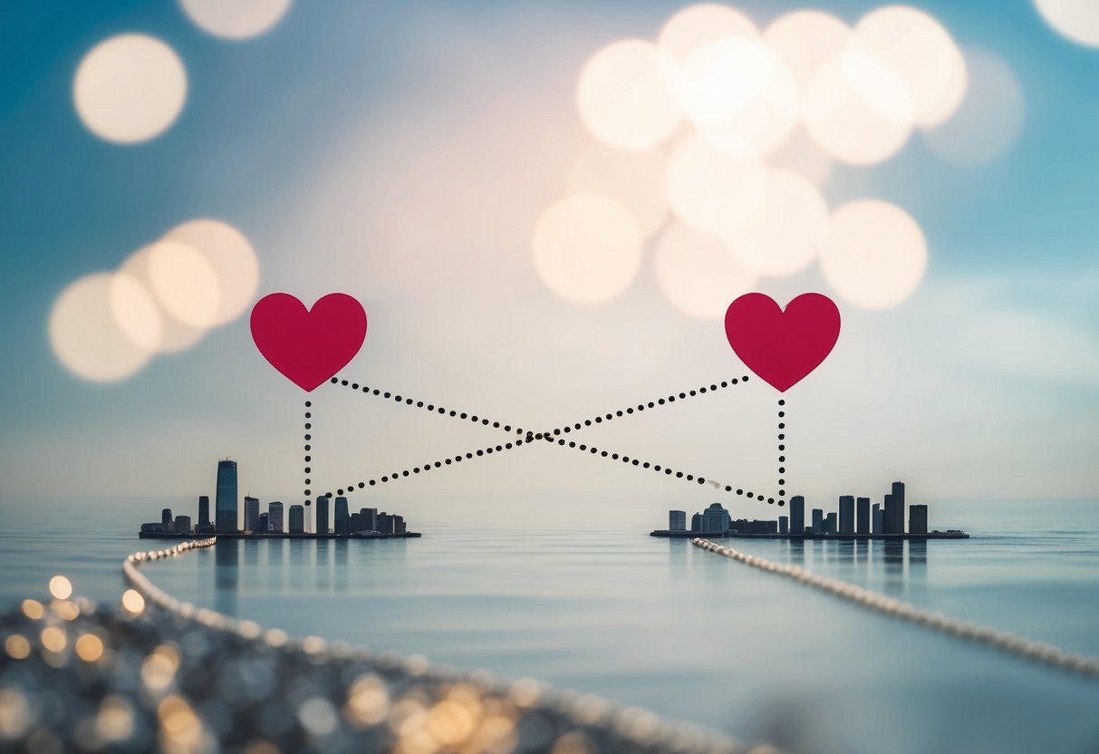 A map of two distant cities connected by a dotted line, with a broken heart symbol over one city and a solid heart over the other