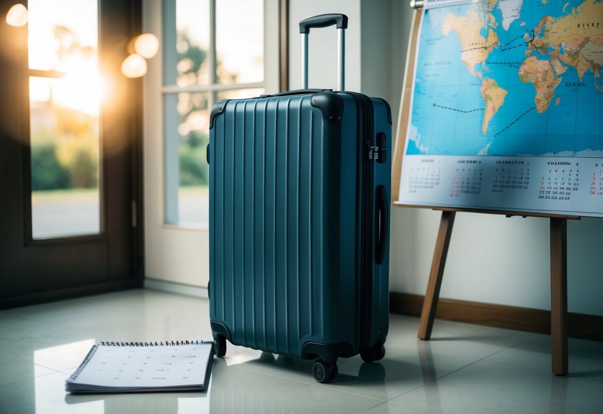 A suitcase half-packed and abandoned by the door, a calendar with dates crossed off, and a map with a dotted line connecting two distant cities