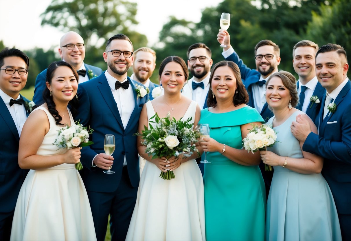 A group of diverse wedding party members, including a non-binary individual, standing together in celebration