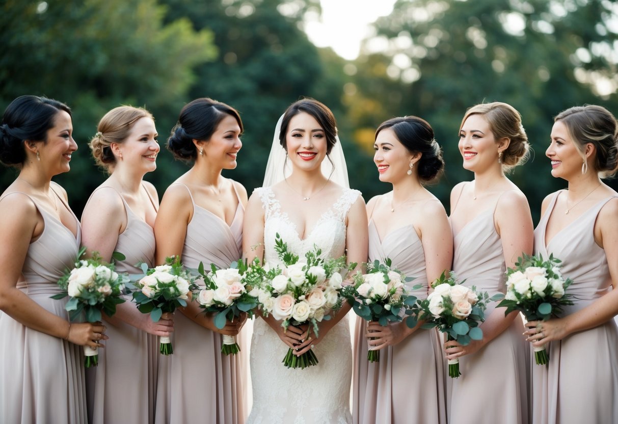 A group of attendants standing together, each holding a bouquet, with a non-binary individual in a role traditionally associated with a bridesmaid