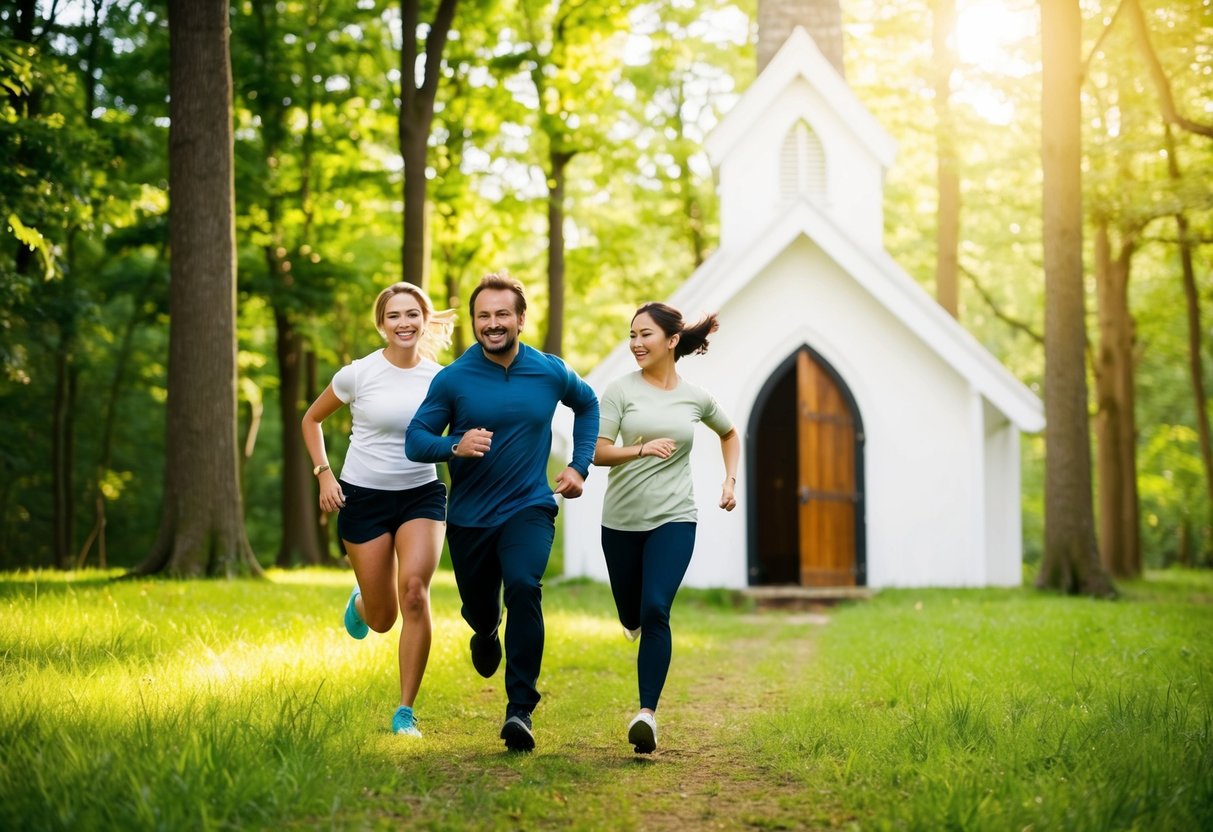 A man and woman sprint through a lush, sunlit forest, a small chapel nestled in the clearing ahead. They exchange smiles as they approach the open doors