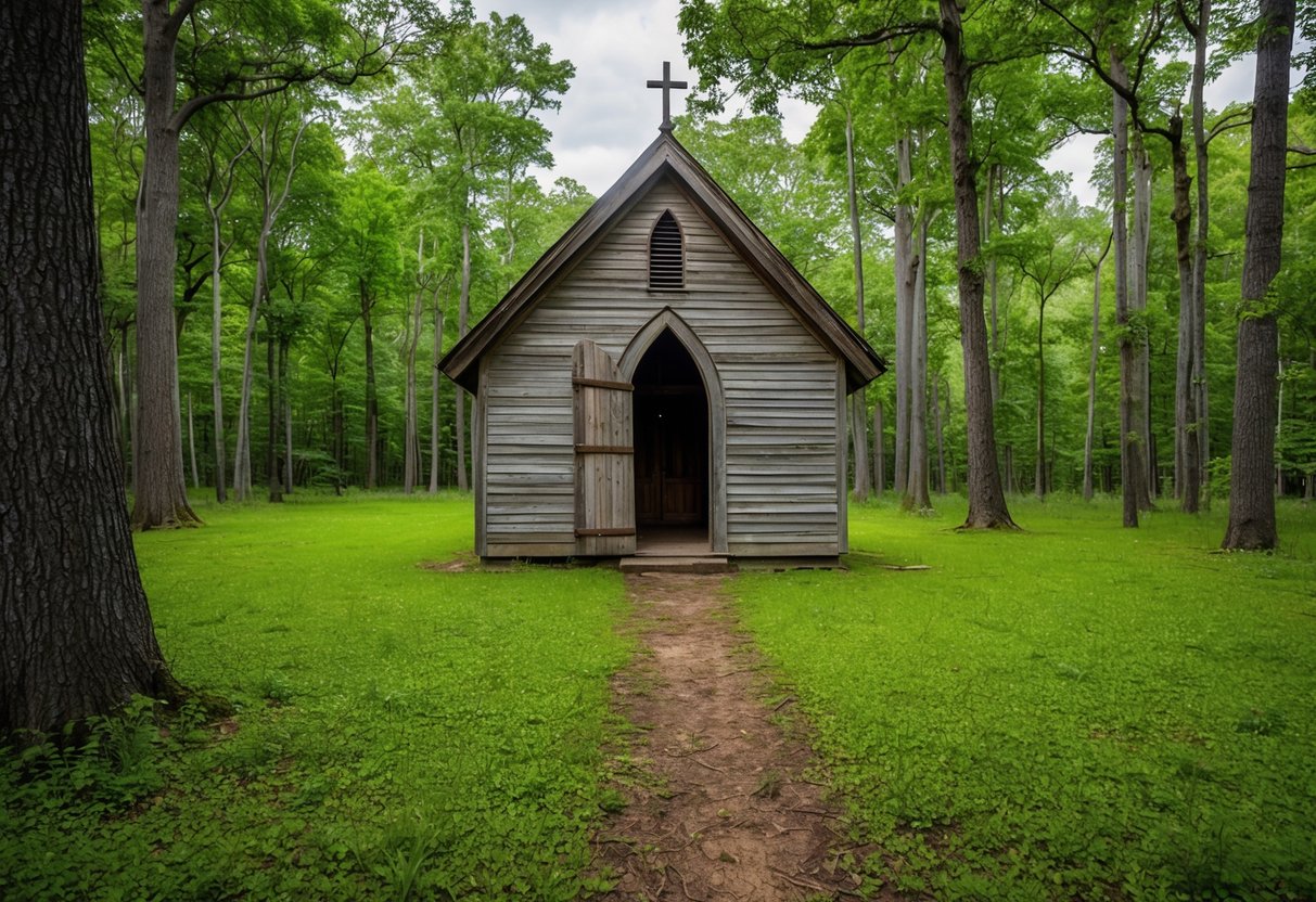 A rustic chapel nestled in a lush forest clearing, with a simple wooden door ajar and a trail of footprints leading away into the distance