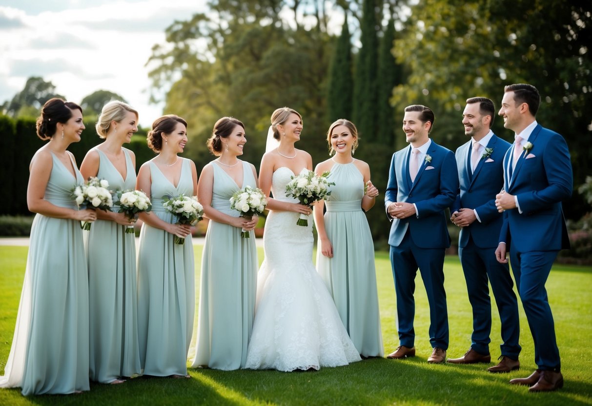 A group of bridesmaids in elegant dresses stand together, while a group of groomsmen in sharp suits stand nearby, both groups chatting and laughing
