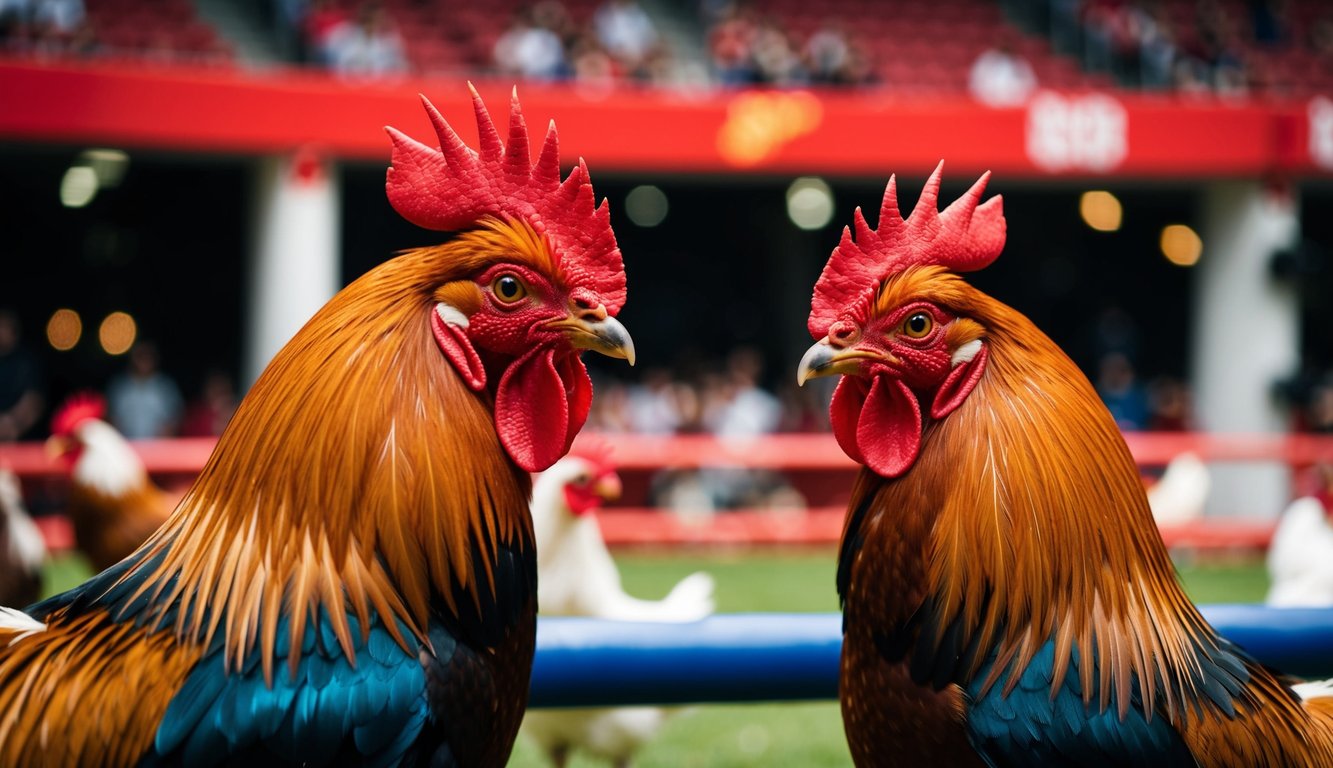 Dua ayam jantan berhadapan di arena sabung ayam online yang ramai