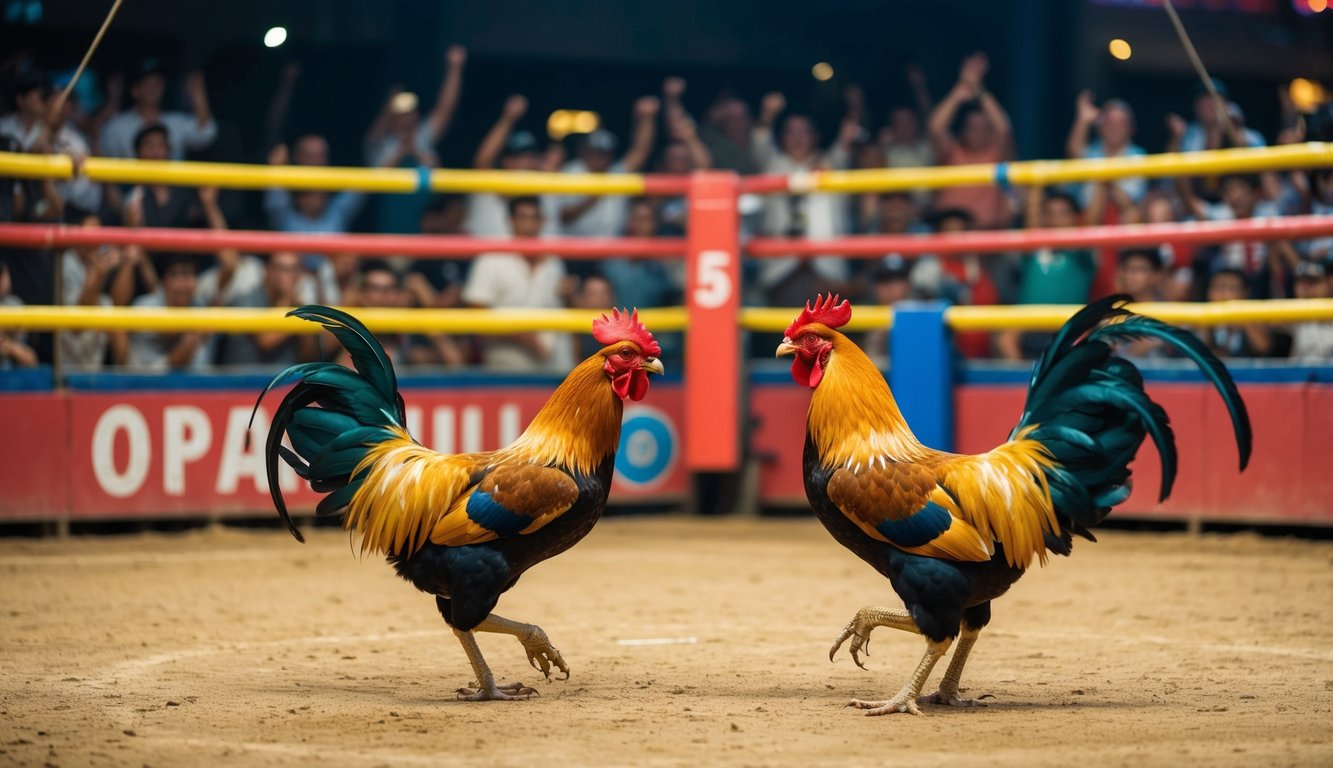 Sebuah arena sabung ayam yang ramai dengan penonton yang bersorak dan ayam jantan berwarna cerah yang berhadapan di ring tengah