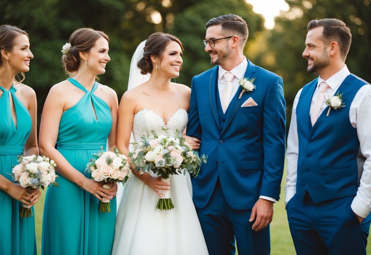 A bridesmaid holds a bouquet while standing next to the bride. A groomsman stands next to the groom, wearing a boutonniere. Both are part of the wedding party