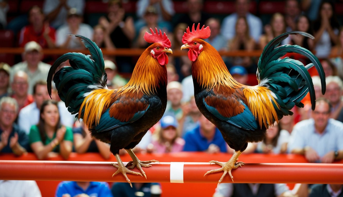 Dua ayam jantan bertarung di arena yang ramai, dikelilingi oleh penonton yang bersorak.