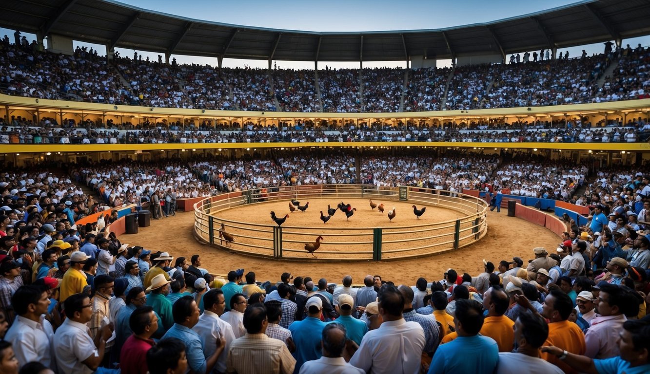 Sebuah arena luar ruangan yang ramai dengan ring untuk sabung ayam, dikelilingi oleh penonton yang antusias