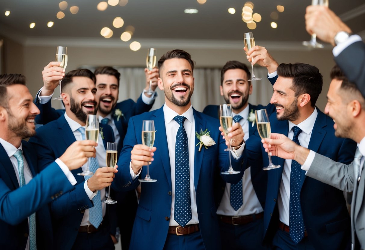 A group of men in suits and ties celebrating at a bachelor party, with champagne glasses in hand and laughter filling the air