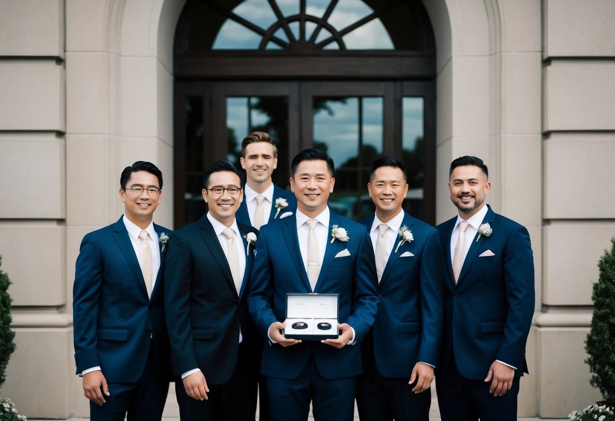 A group of men standing together in formal attire, possibly holding items associated with weddings