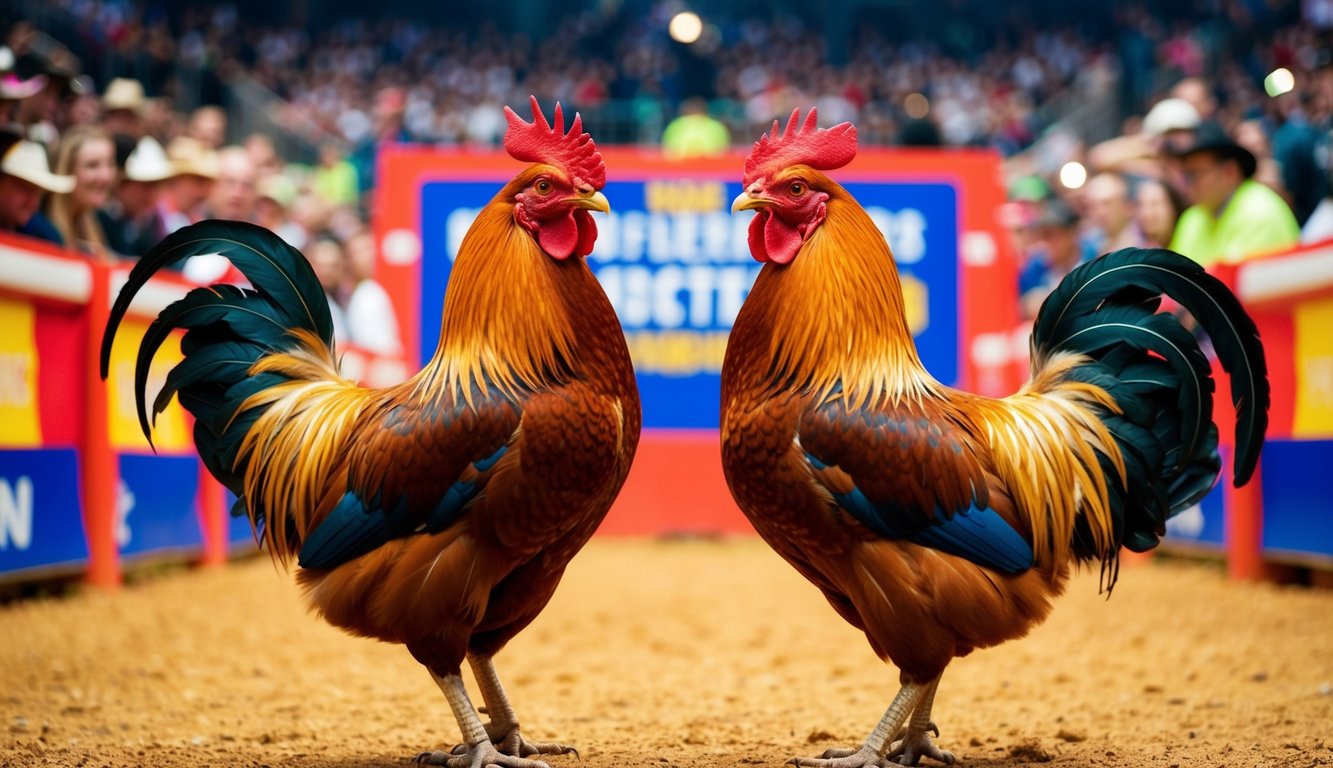 Dua ayam jantan berhadapan di arena yang ramai, dikelilingi oleh penonton yang bersorak dan spanduk berwarna-warni